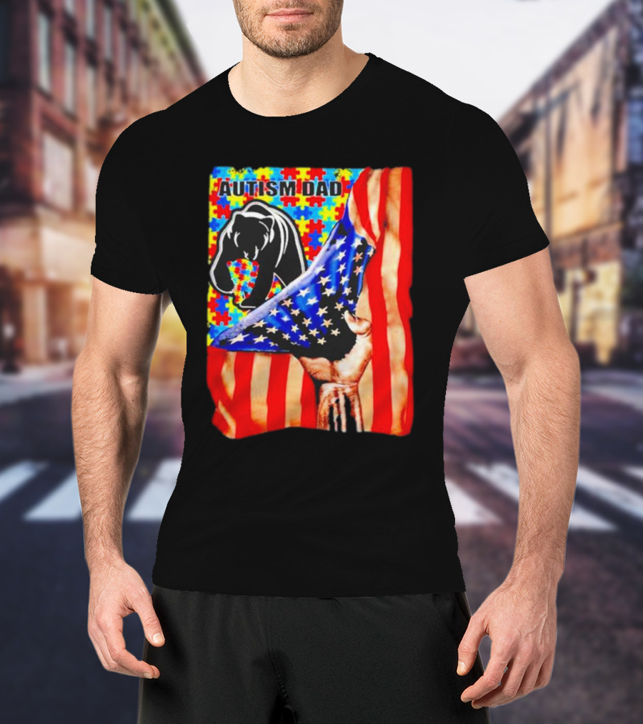 Autism Dad Bear USA Flag Puzzle Awareness T-Shirt
