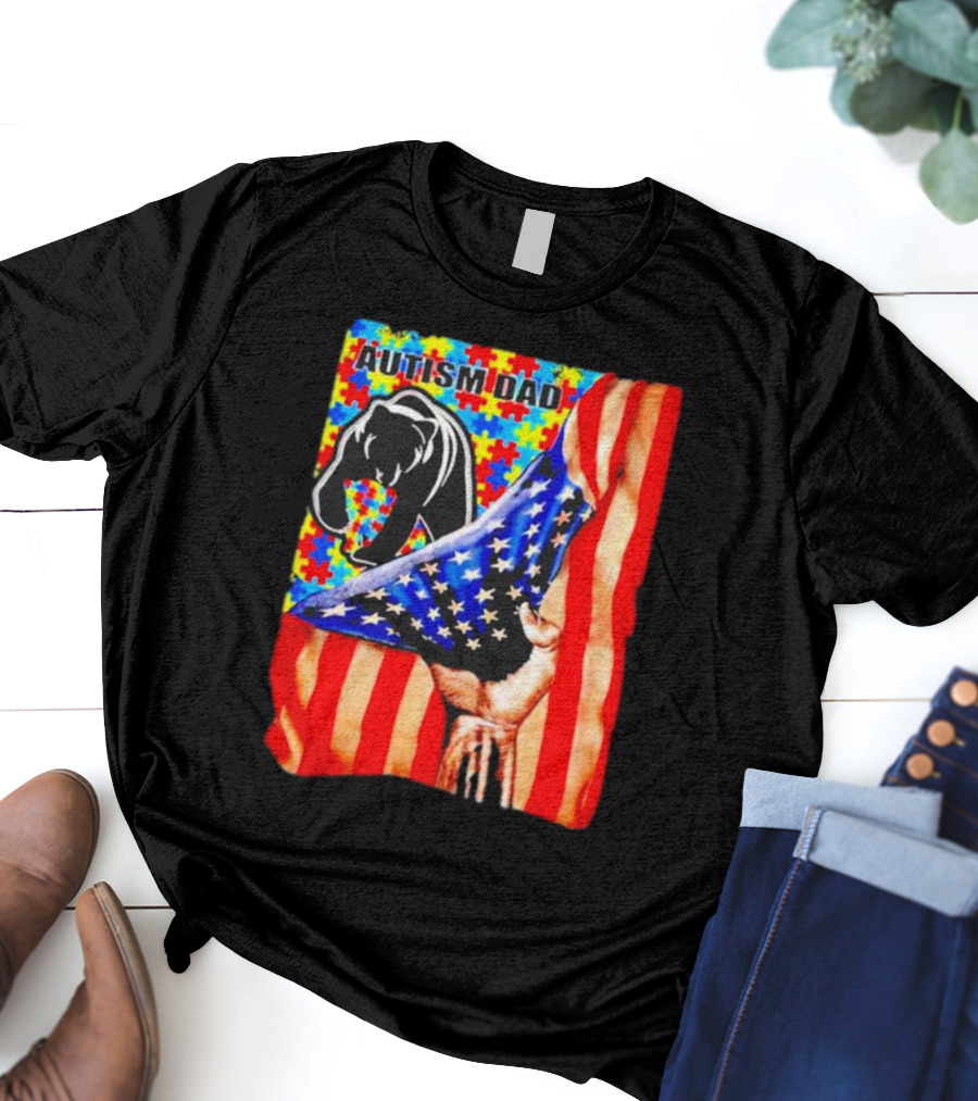 Autism Dad Bear USA Flag Puzzle Awareness T-Shirt