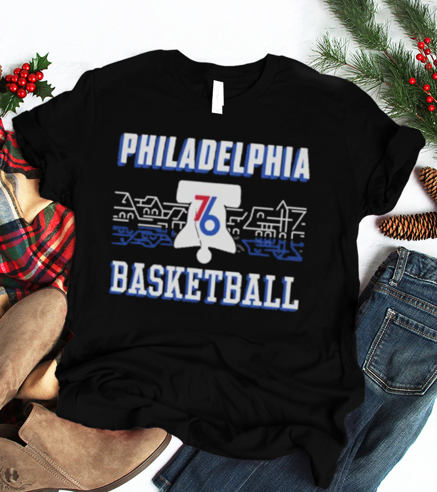 Philadelphia 76ers Liberty Bell Skyline Basketball Black City Series T-Shirt