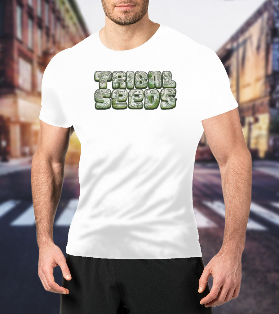 Green Tribal Seeds Cute Logo Textured Lettering T-Shirt