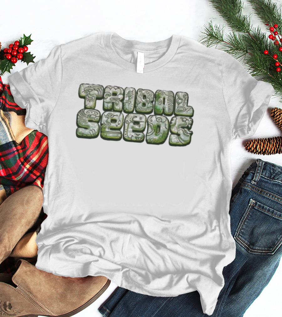 Green Tribal Seeds Cute Logo Textured Lettering T-Shirt