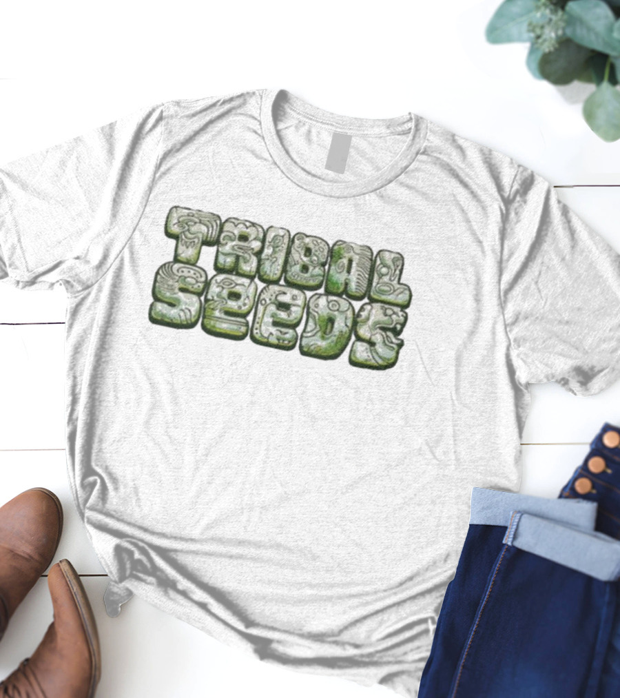 Green Tribal Seeds Cute Logo Textured Lettering T-Shirt