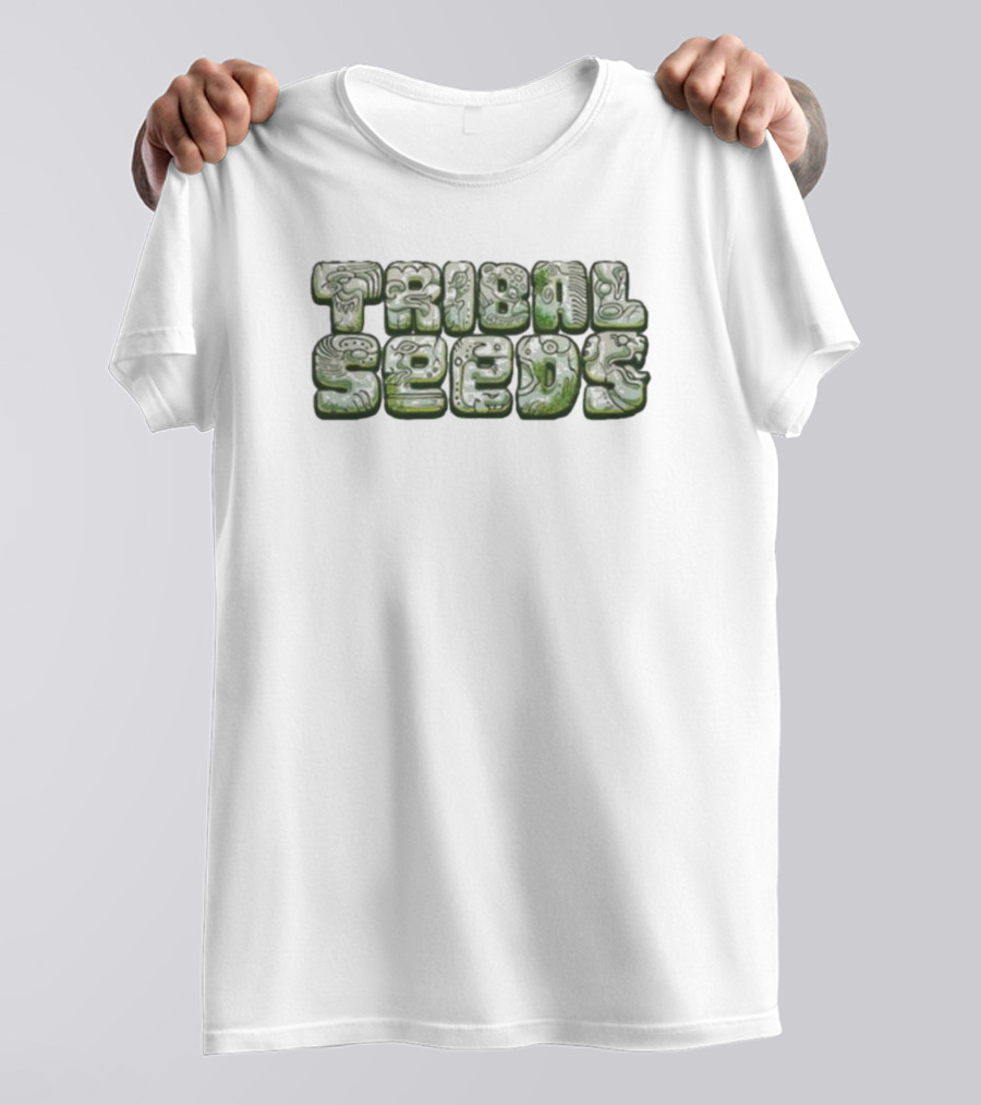 Green Tribal Seeds Cute Logo Textured Lettering T-Shirt