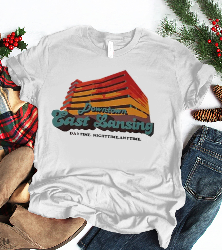 Downtown East Lansing Daytime Nighttime Anytime Retro Skyline T-Shirt