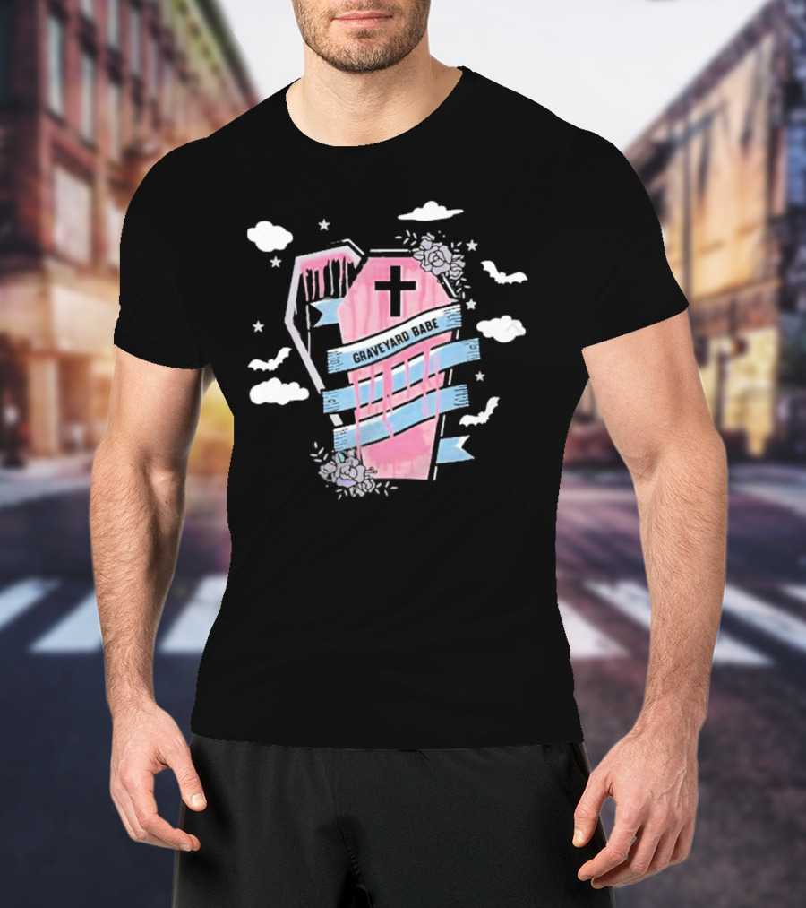 Graveyard Babe Pink Coffin With Cross And Bats T-Shirt