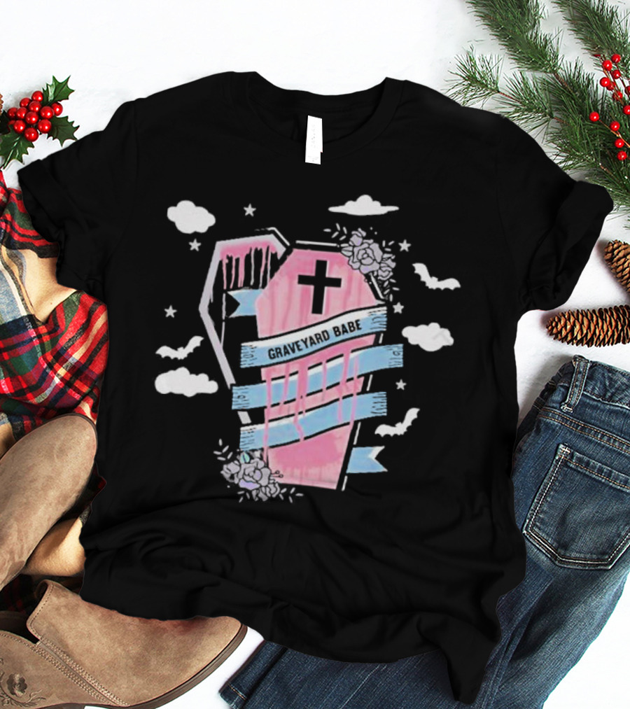 Graveyard Babe Pink Coffin With Cross And Bats T-Shirt