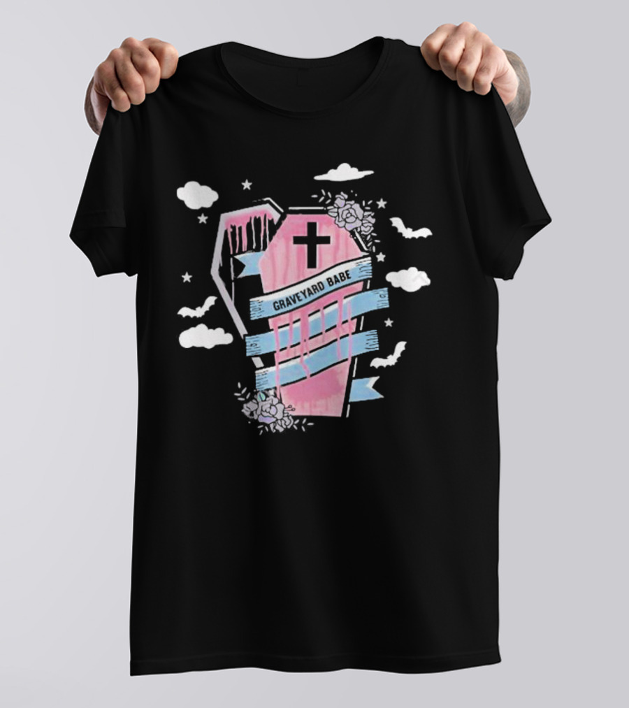 Graveyard Babe Pink Coffin With Cross And Bats T-Shirt