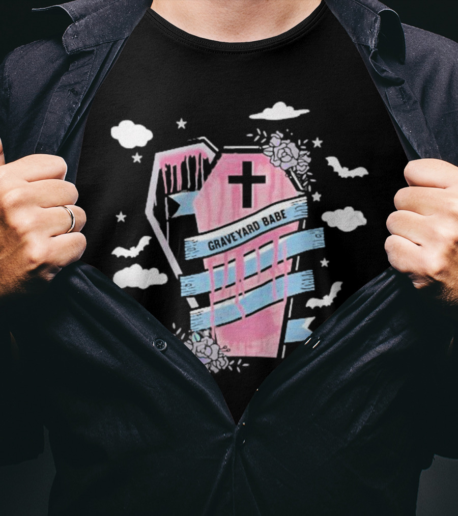 Graveyard Babe Pink Coffin With Cross And Bats T-Shirt