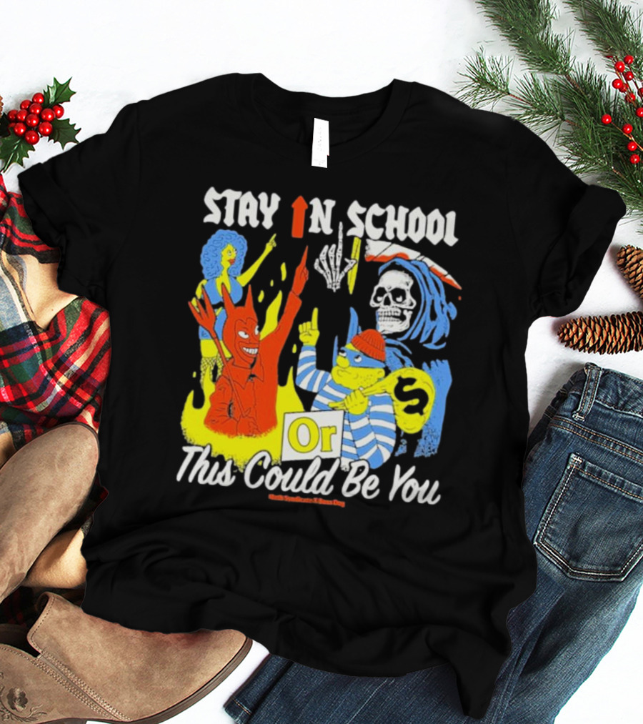 Stay In School Or This Could Be You Red Devil Skeleton Bart Simpson Style Mark Gonzales X Deaton Chris Anthony T-Shirt