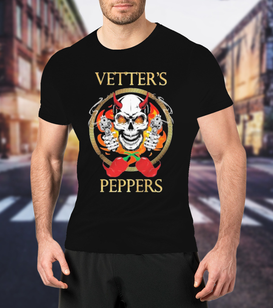 Vetter’s Peppers Skull With Red Horns And Dual Pistols Surrounded By Flames And Chili Peppers T-Shirt