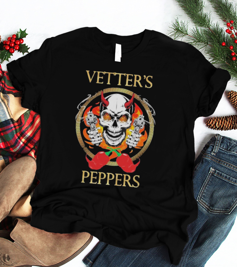 Vetter’s Peppers Skull With Red Horns And Dual Pistols Surrounded By Flames And Chili Peppers T-Shirt