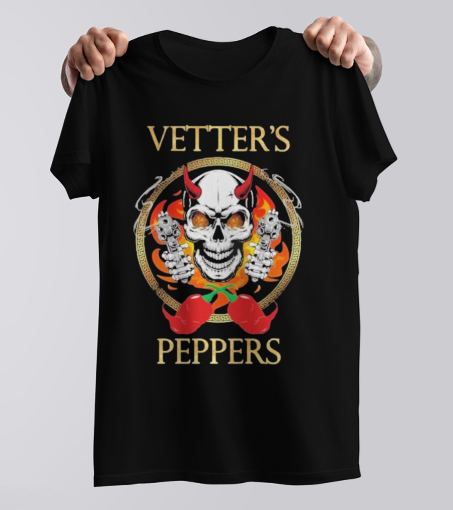 Vetter’s Peppers Skull With Red Horns And Dual Pistols Surrounded By Flames And Chili Peppers T-Shirt
