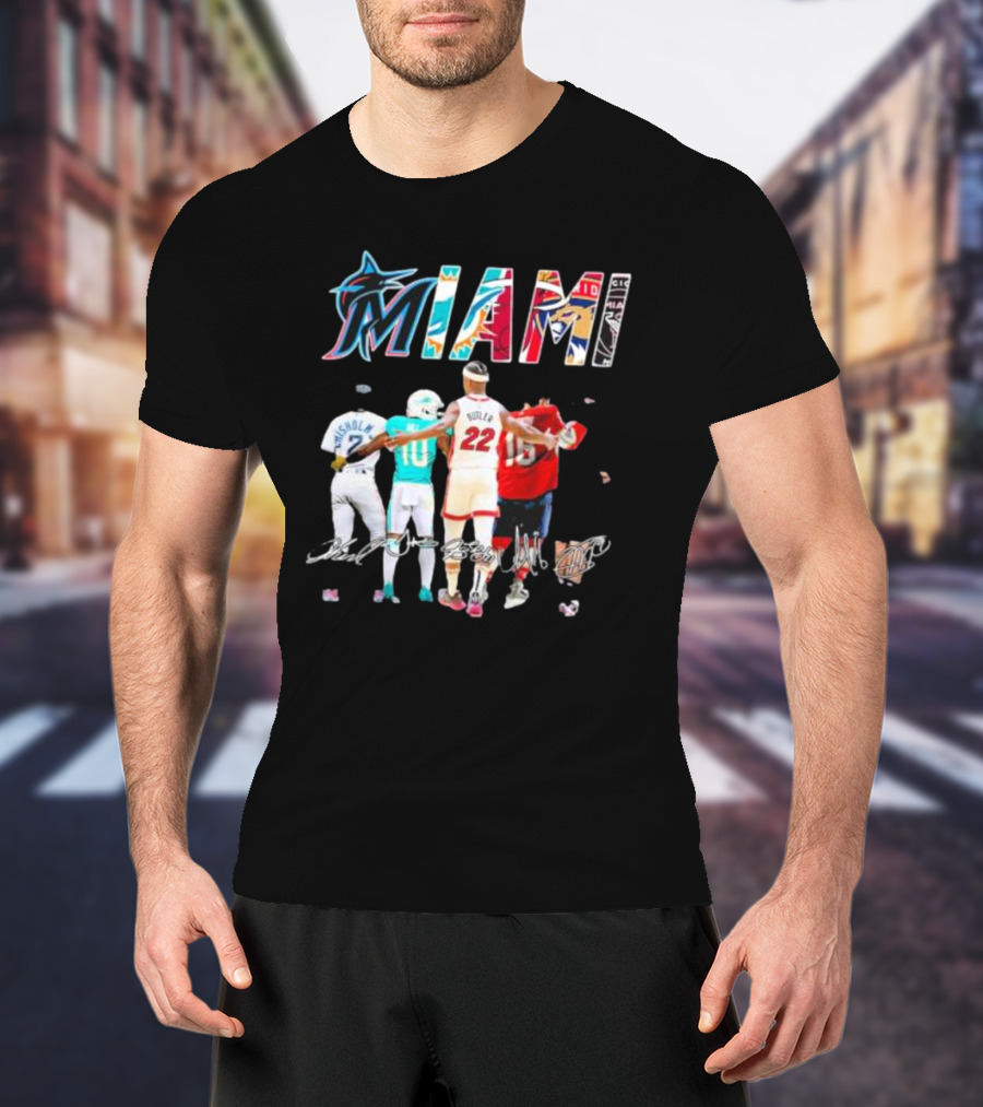 Miami Marlins Dolphins Heat Panthers Players Signatures T-Shirt