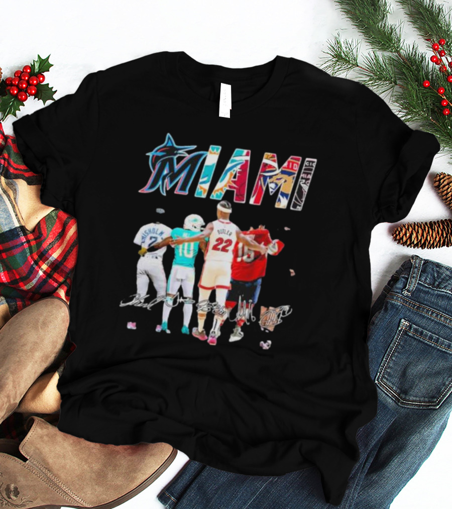 Miami Marlins Dolphins Heat Panthers Players Signatures T-Shirt