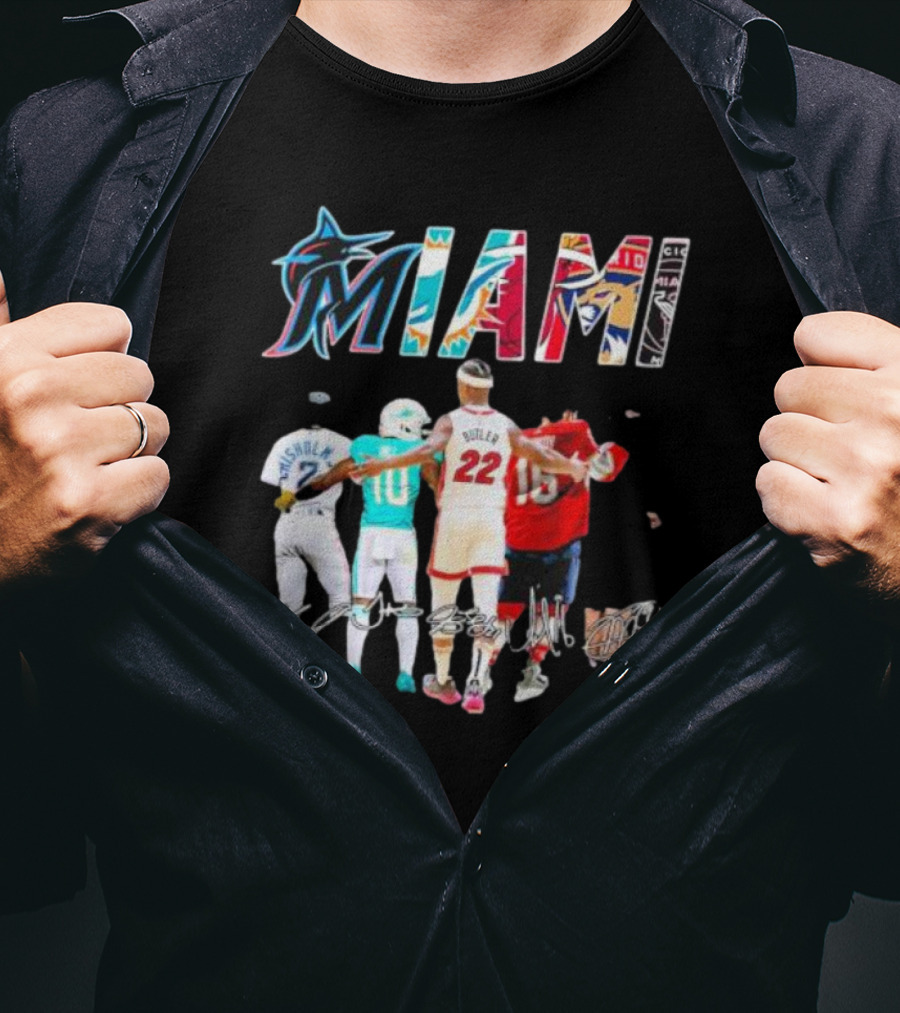 Miami Marlins Dolphins Heat Panthers Players Signatures T-Shirt