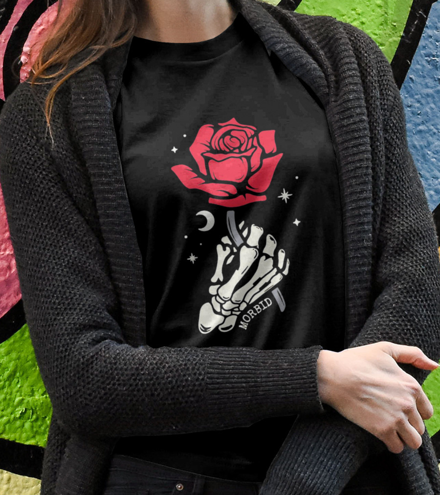 Morbid Skeleton Rose With Crescent Moon And Stars T-Shirt