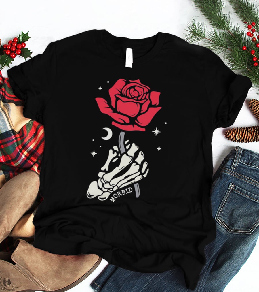 Morbid Skeleton Rose With Crescent Moon And Stars T-Shirt