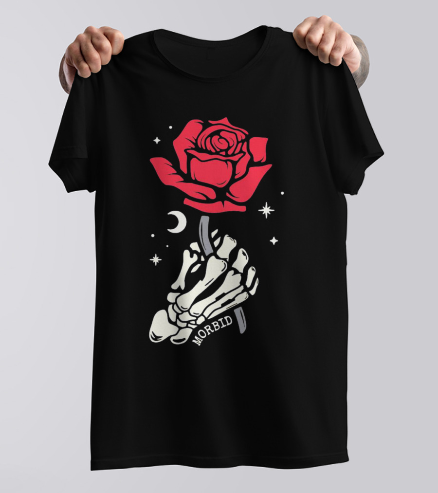 Morbid Skeleton Rose With Crescent Moon And Stars T-Shirt