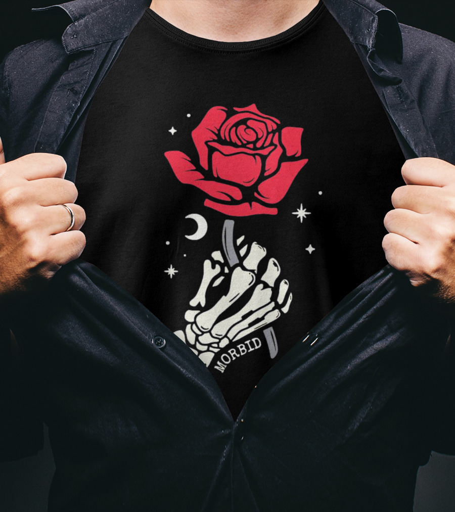 Morbid Skeleton Rose With Crescent Moon And Stars T-Shirt