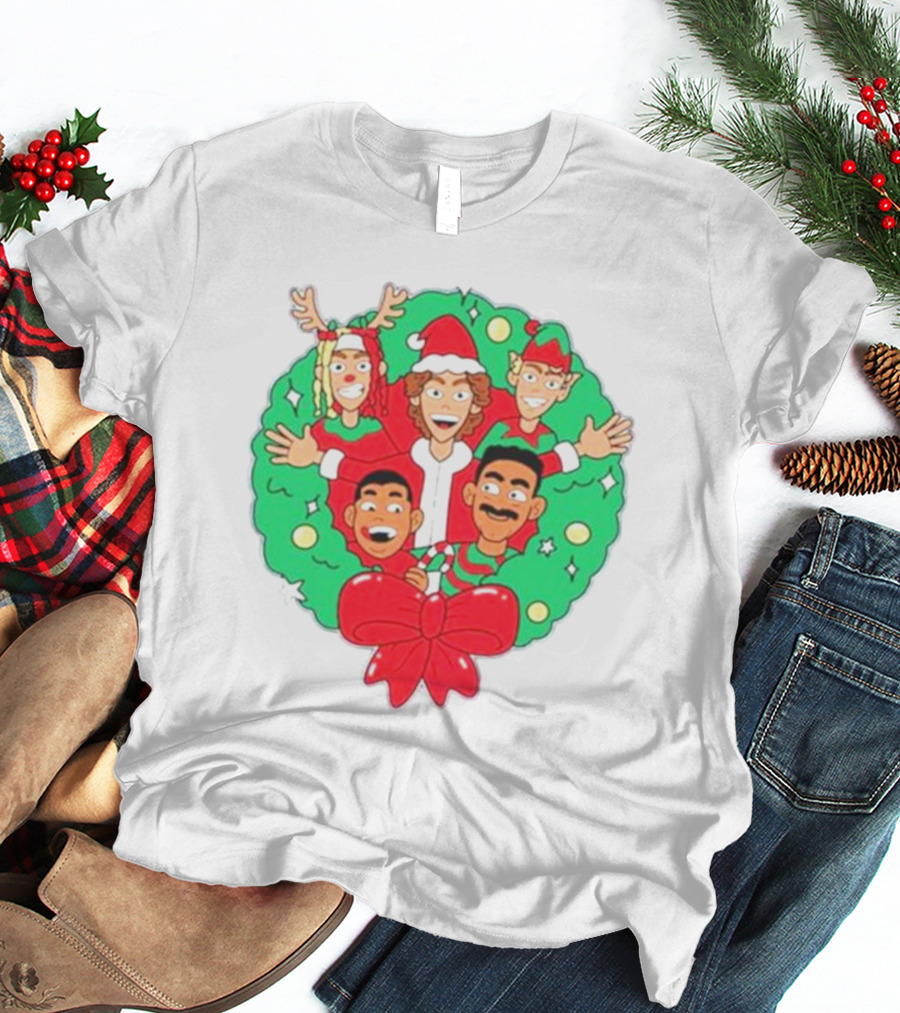 Baylen Levine Christmas Cartoon Characters In Holiday Wreath With Bow And Santa Hat T-Shirt