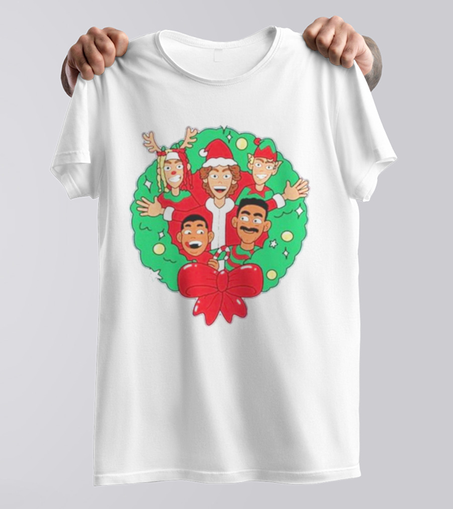 Baylen Levine Christmas Cartoon Characters In Holiday Wreath With Bow And Santa Hat T-Shirt