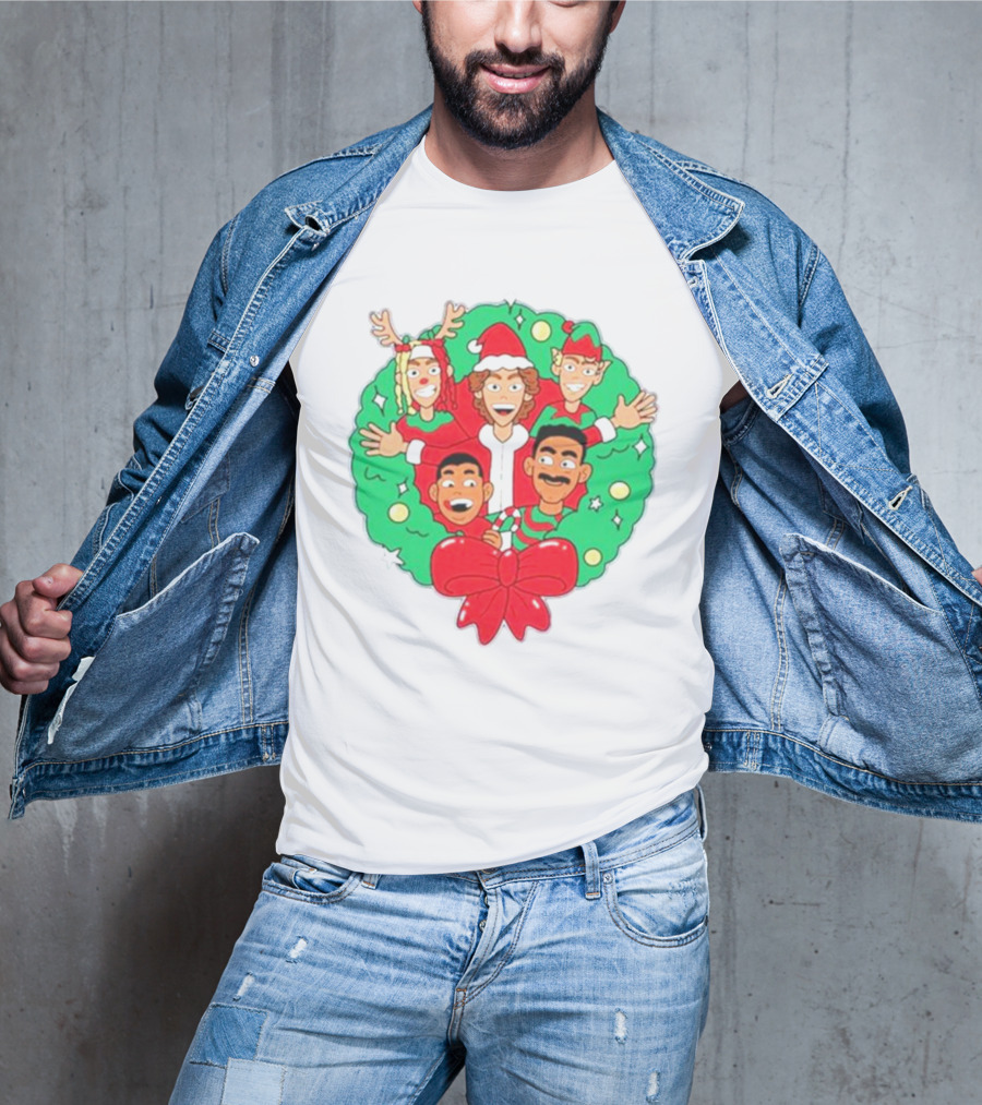 Baylen Levine Christmas Cartoon Characters In Holiday Wreath With Bow And Santa Hat T-Shirt