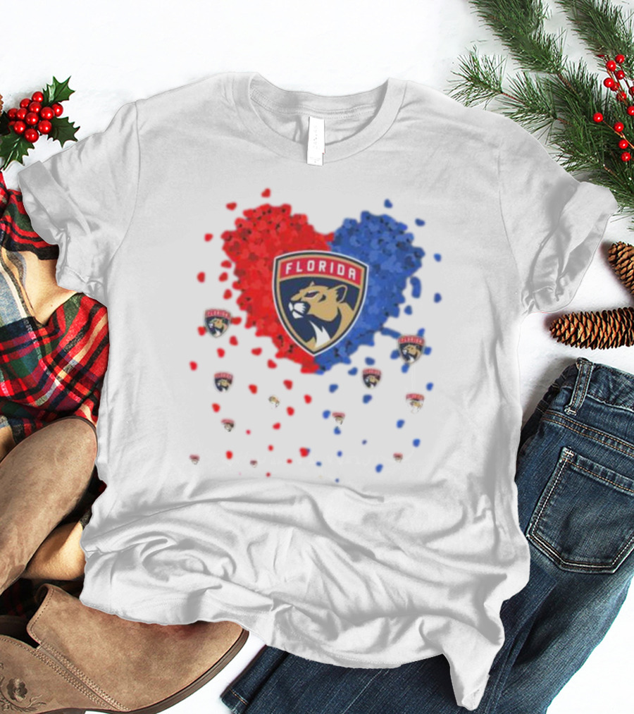 Florida Panthers Heart Logo Red Blue Paws T-Shirt