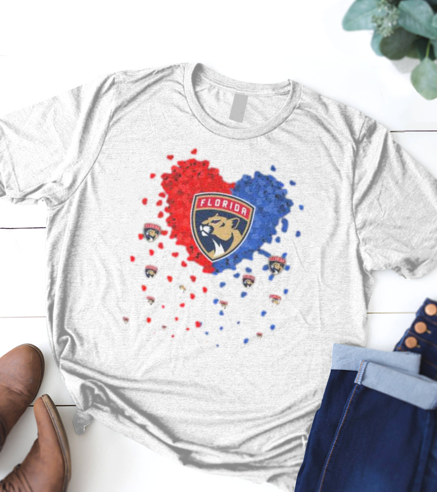 Florida Panthers Heart Logo Red Blue Paws T-Shirt