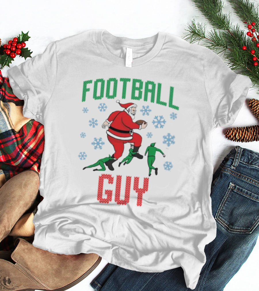 FOOTBALL GUY Santa Running With Football And Snowflakes T-Shirt