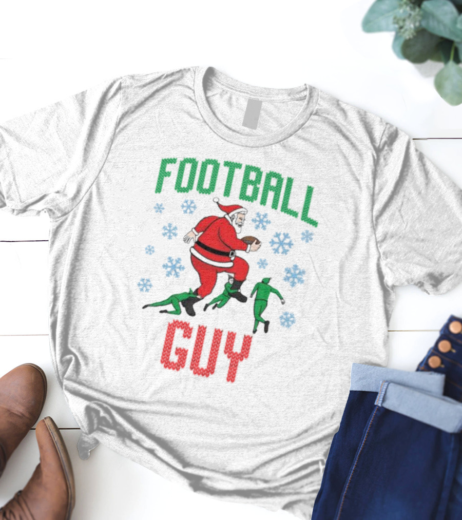 FOOTBALL GUY Santa Running With Football And Snowflakes T-Shirt