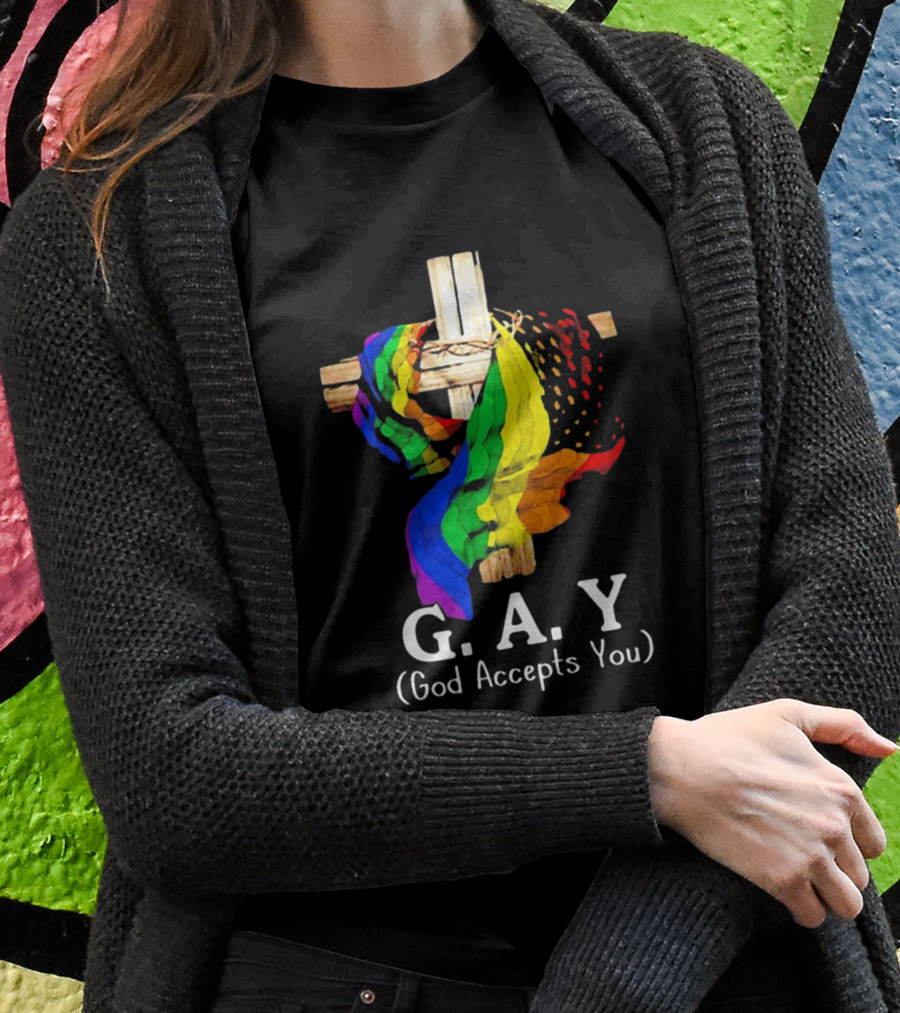 GAY Pride Cross God Accepts You Rainbow Flag T-Shirt