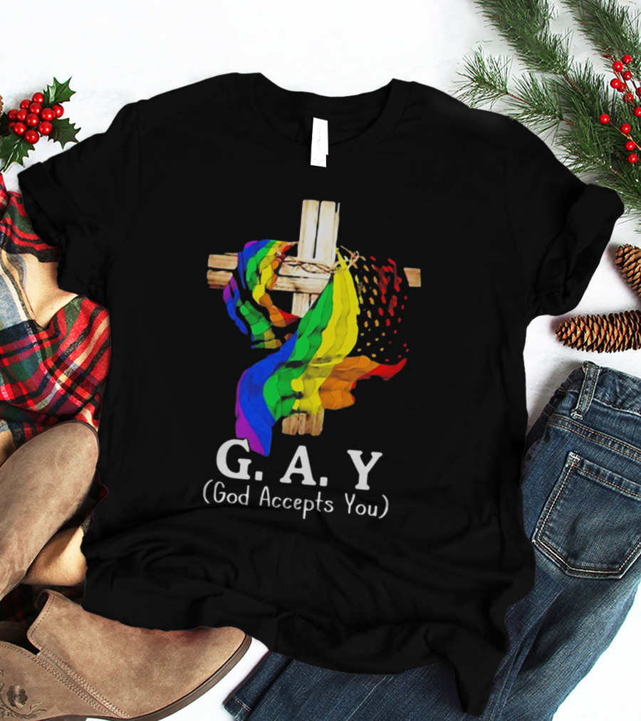 GAY Pride Cross God Accepts You Rainbow Flag T-Shirt