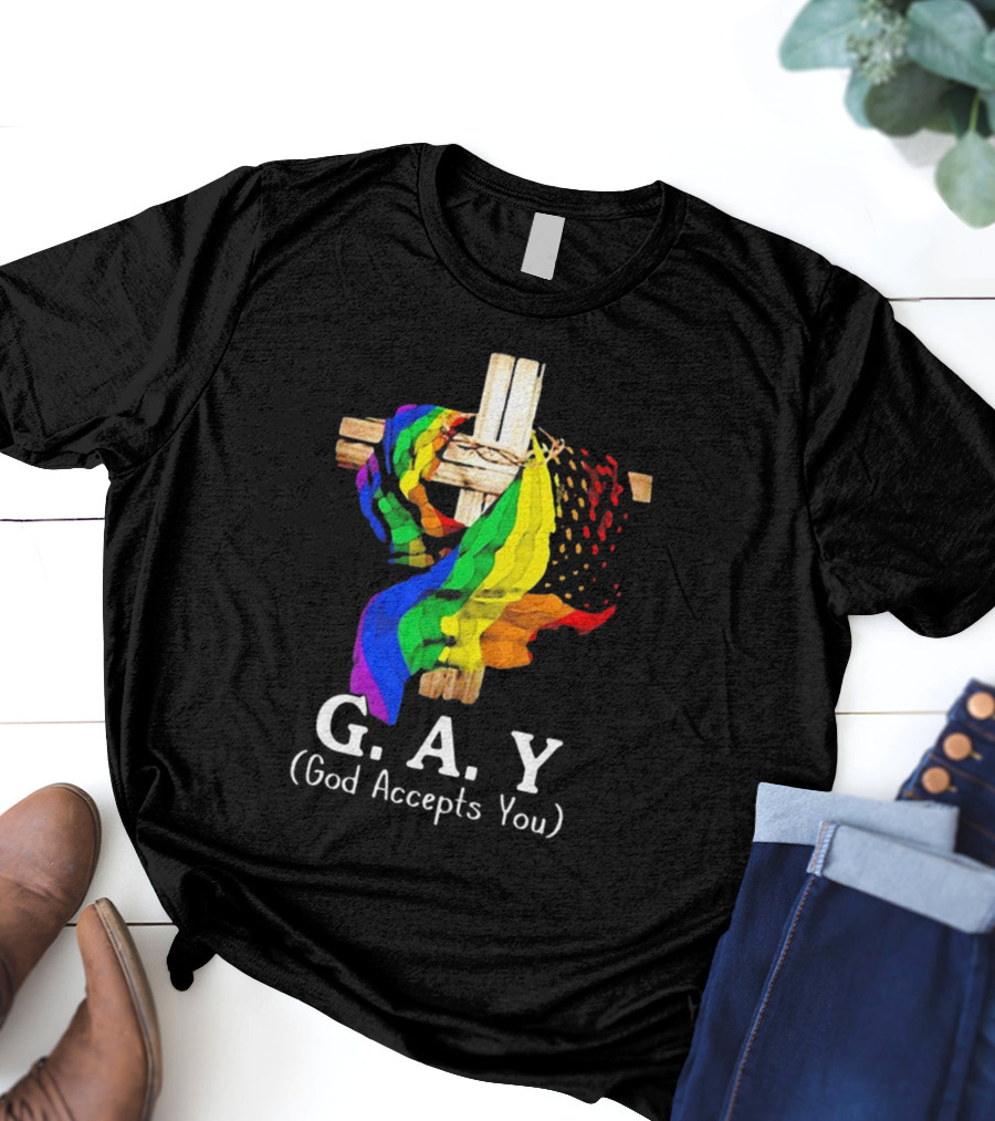 GAY Pride Cross God Accepts You Rainbow Flag T-Shirt