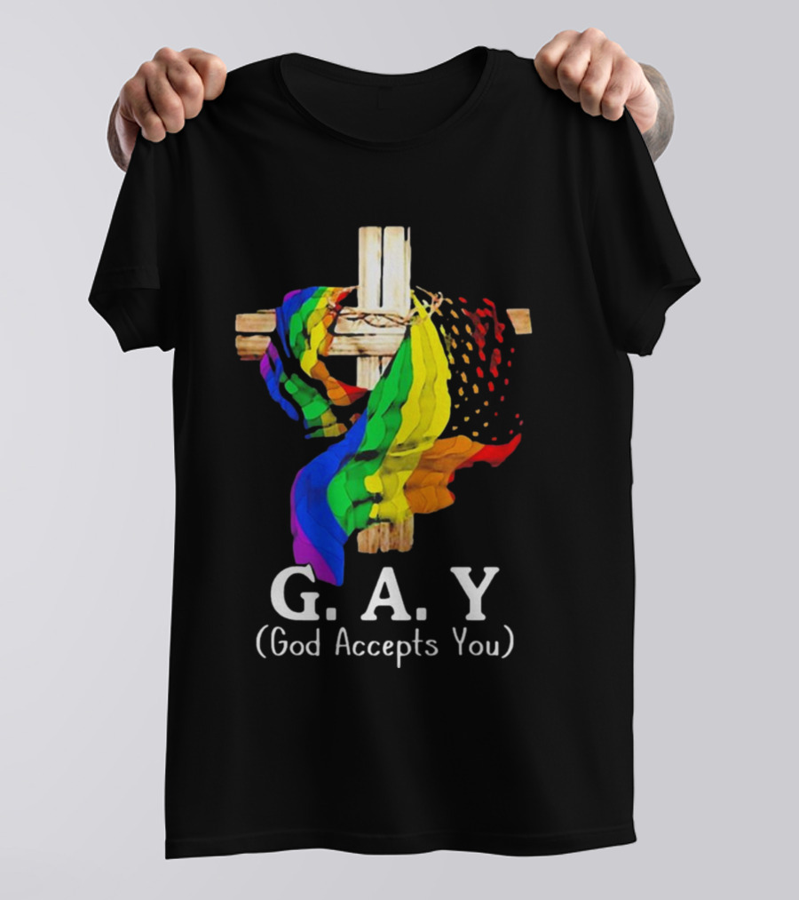 GAY Pride Cross God Accepts You Rainbow Flag T-Shirt