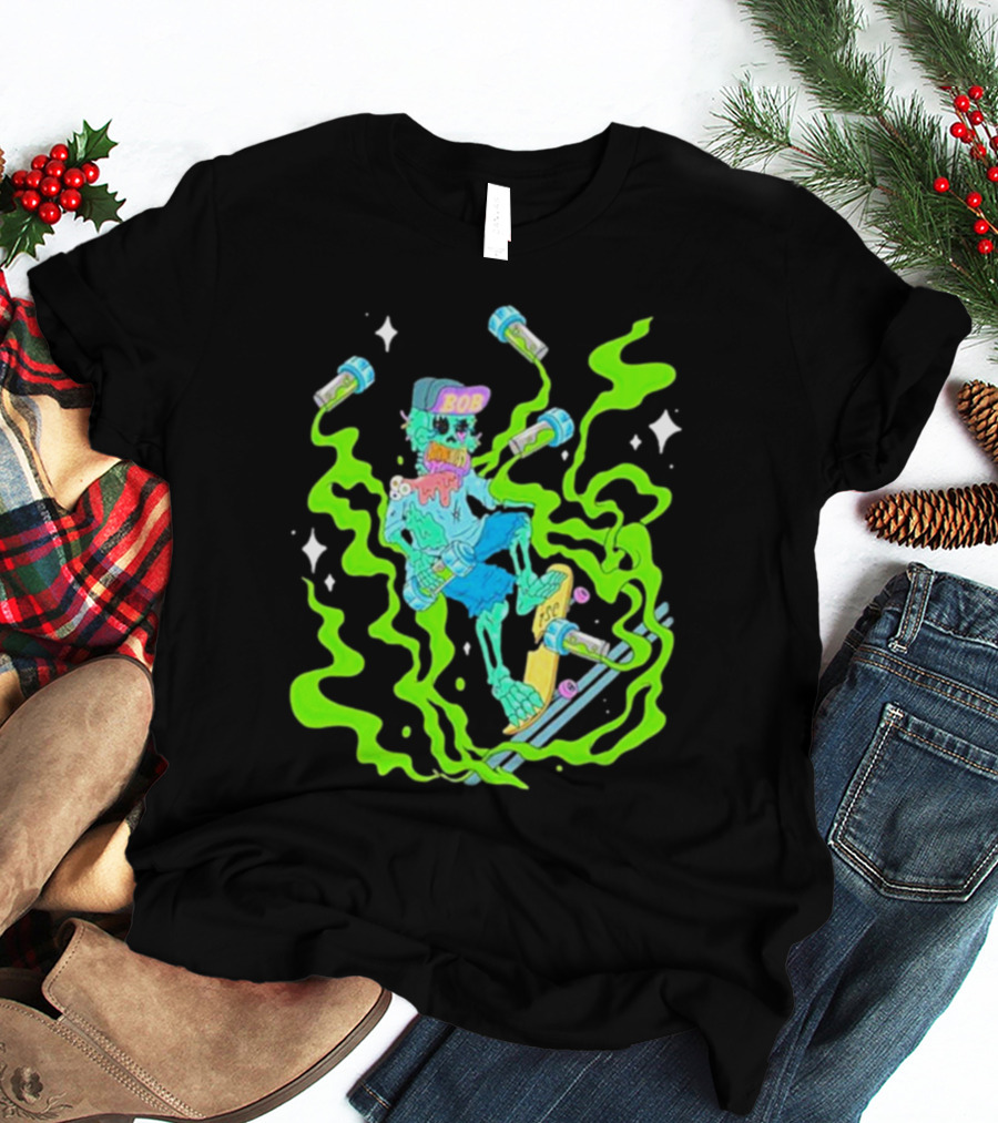 Toxic Skulls Club Bobburnquist Skateboarding Skeleton With Green Smoke And Skateboard T-Shirt