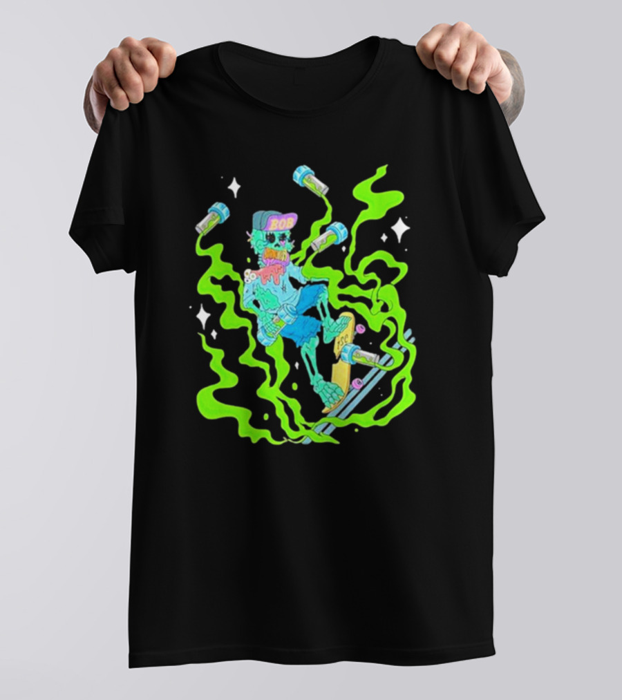 Toxic Skulls Club Bobburnquist Skateboarding Skeleton With Green Smoke And Skateboard T-Shirt