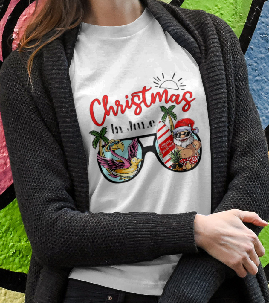 Christmas In June Sunglasses Santa Flamingo Merry Christmas Summer Vacation T-Shirt