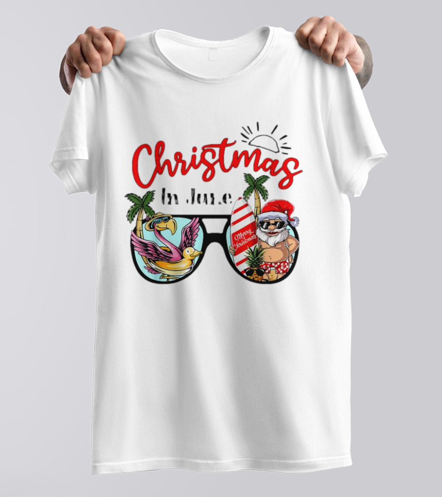 Christmas In June Sunglasses Santa Flamingo Merry Christmas Summer Vacation T-Shirt