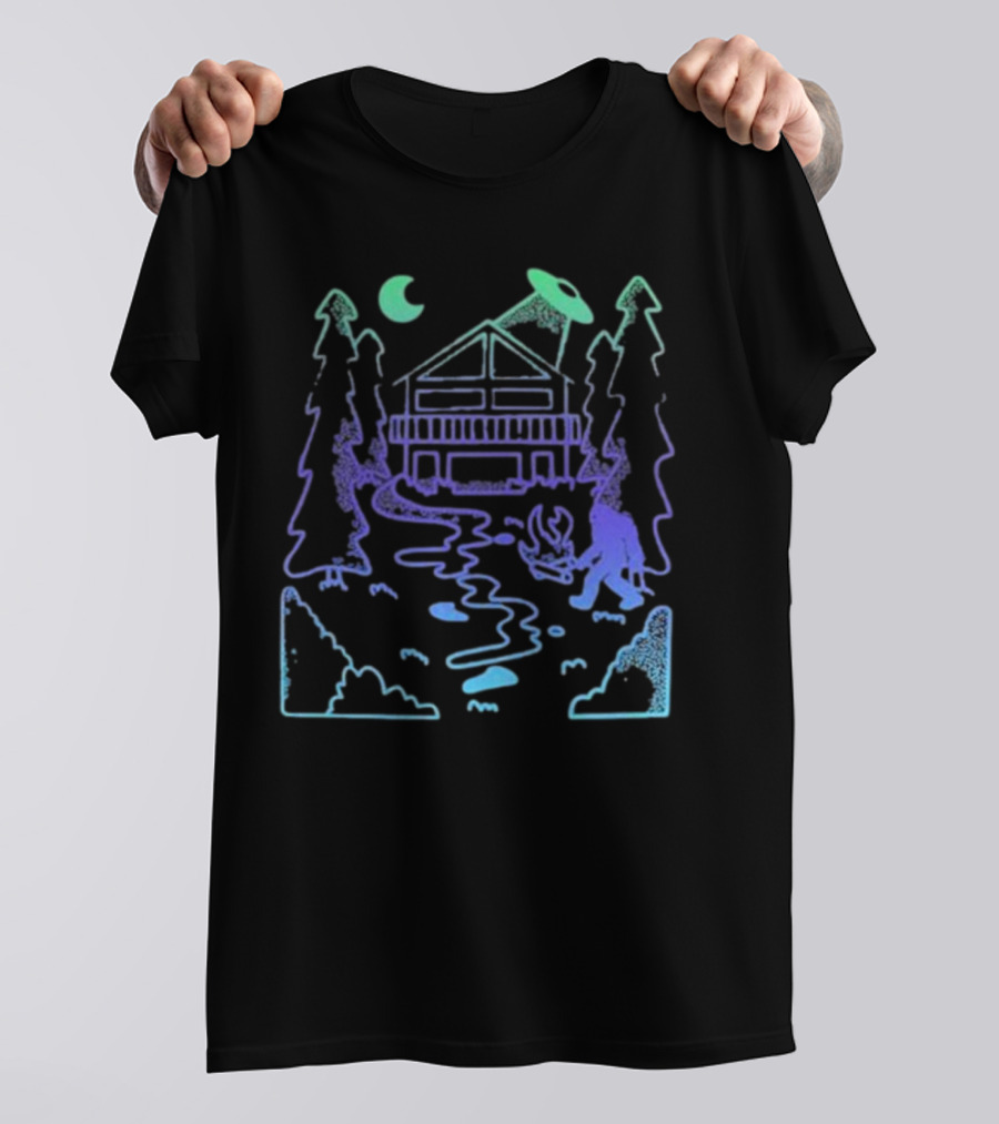 Mile Higher Paranormal Cabin UFO Night Scene T-Shirt