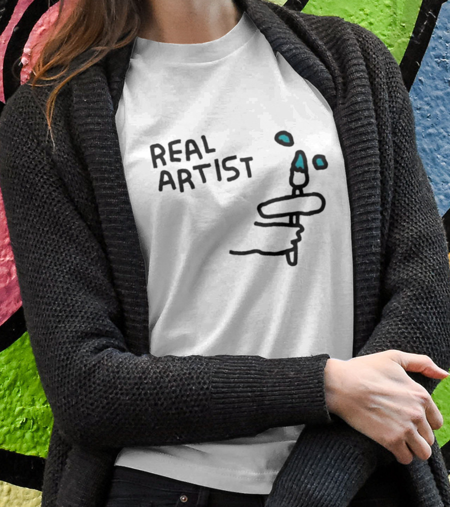 REAL ARTIST Paint Brush Hand Drawing Blue Paint Drops T-Shirt