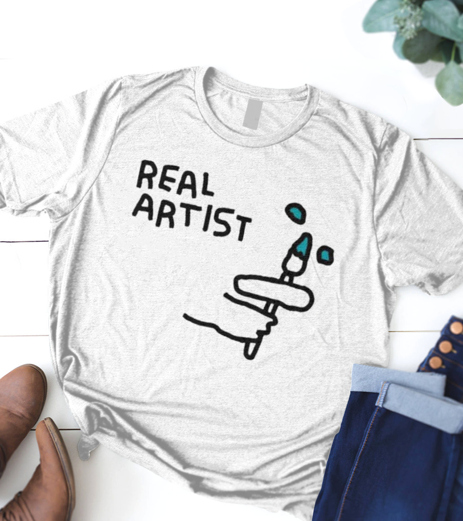 REAL ARTIST Paint Brush Hand Drawing Blue Paint Drops T-Shirt