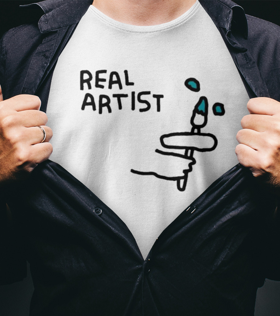 REAL ARTIST Paint Brush Hand Drawing Blue Paint Drops T-Shirt