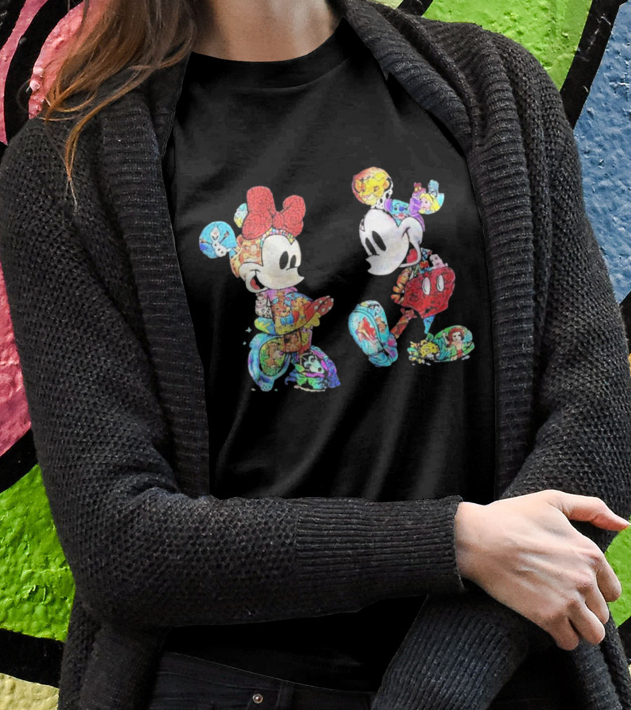 Couple Mickey Minnie Disney Characters Collage T-Shirt