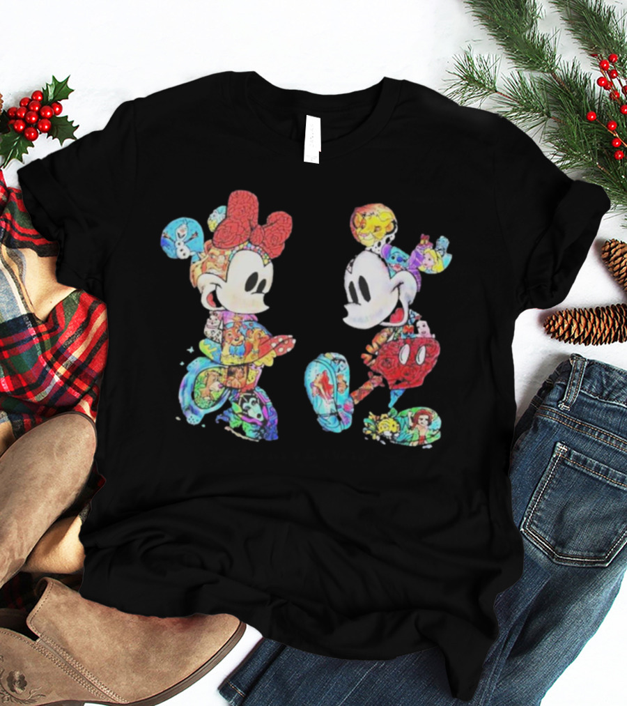 Couple Mickey Minnie Disney Characters Collage T-Shirt