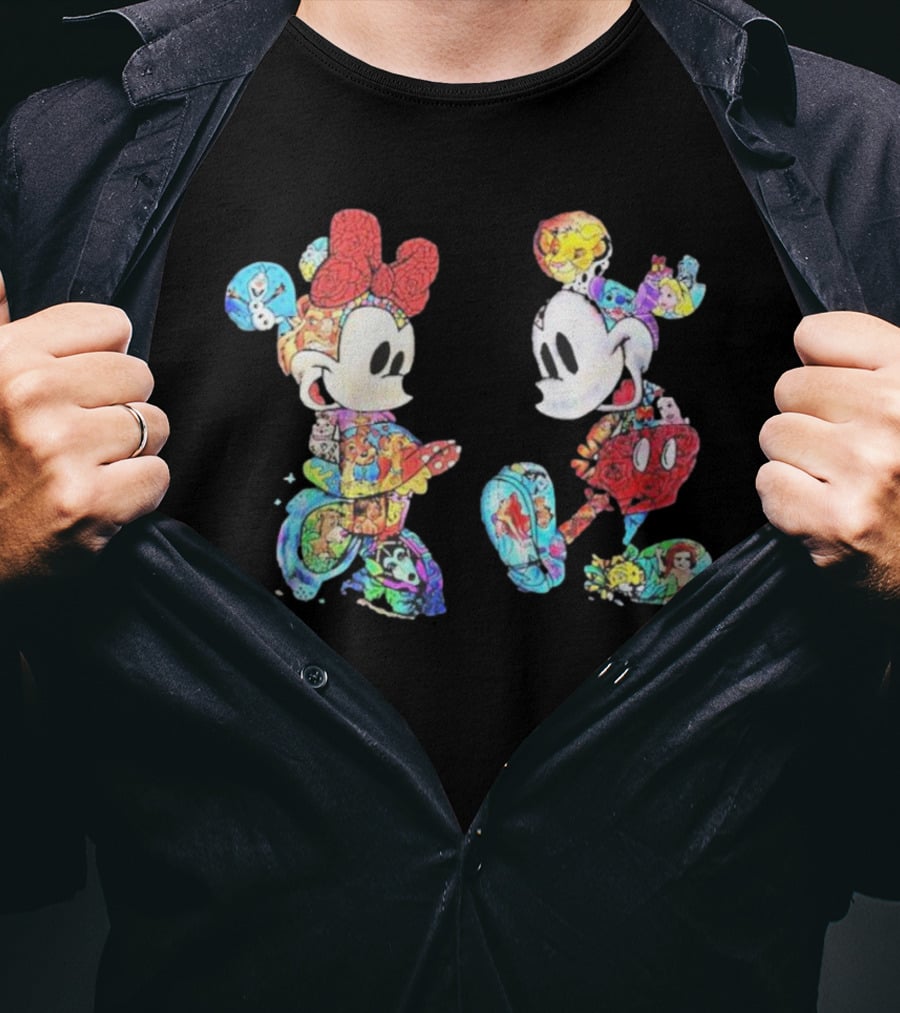 Couple Mickey Minnie Disney Characters Collage T-Shirt