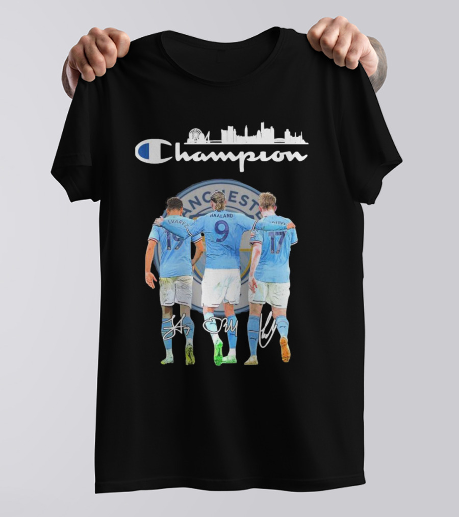 Manchester Haaland De Bruyne Alvarez Champion Football City Skyline T-Shirt