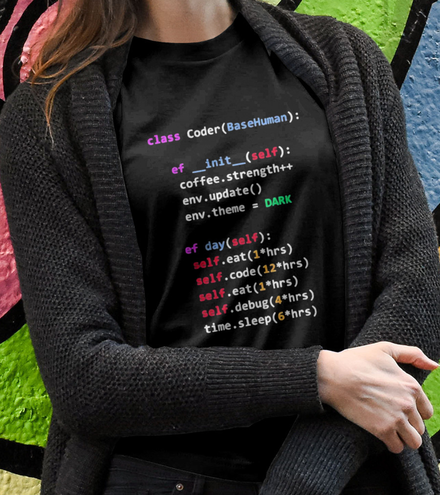Programmerhumor Class Coder BaseHuman Init Self Coffee Strength Day Eat Code Debug Sleep Theme Dark T-Shirt