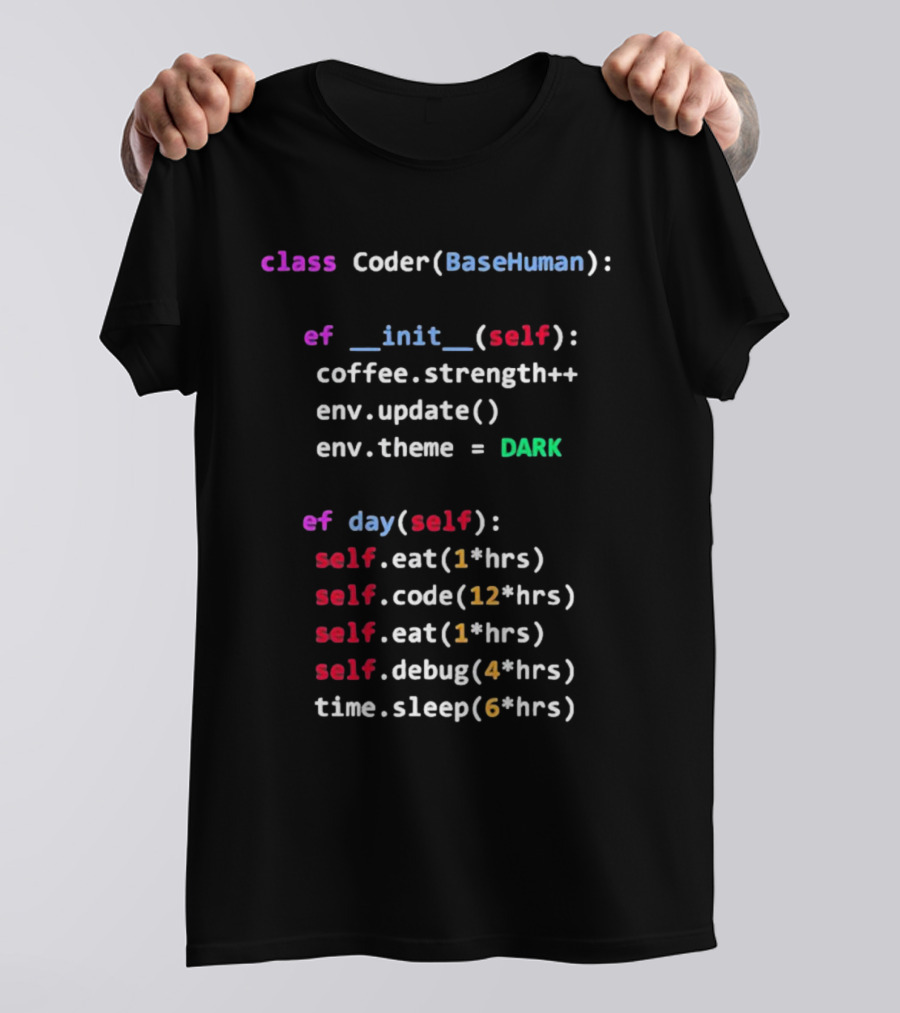 Programmerhumor Class Coder BaseHuman Init Self Coffee Strength Day Eat Code Debug Sleep Theme Dark T-Shirt