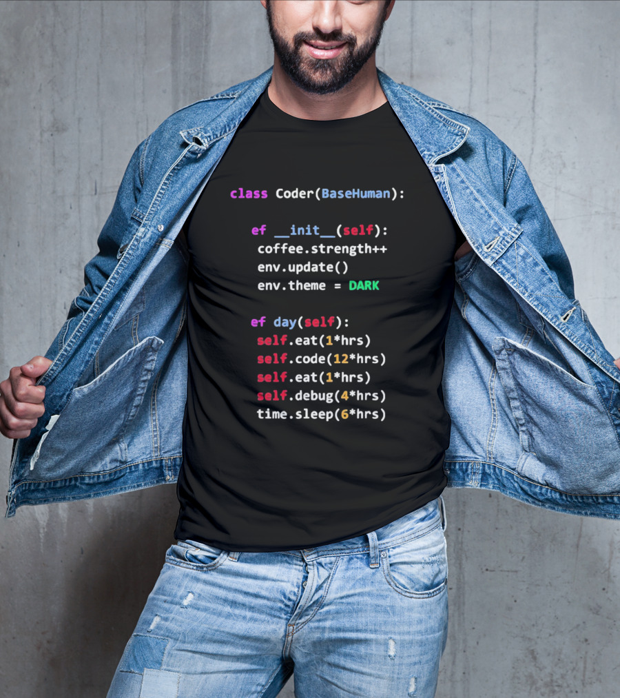 Programmerhumor Class Coder BaseHuman Init Self Coffee Strength Day Eat Code Debug Sleep Theme Dark T-Shirt
