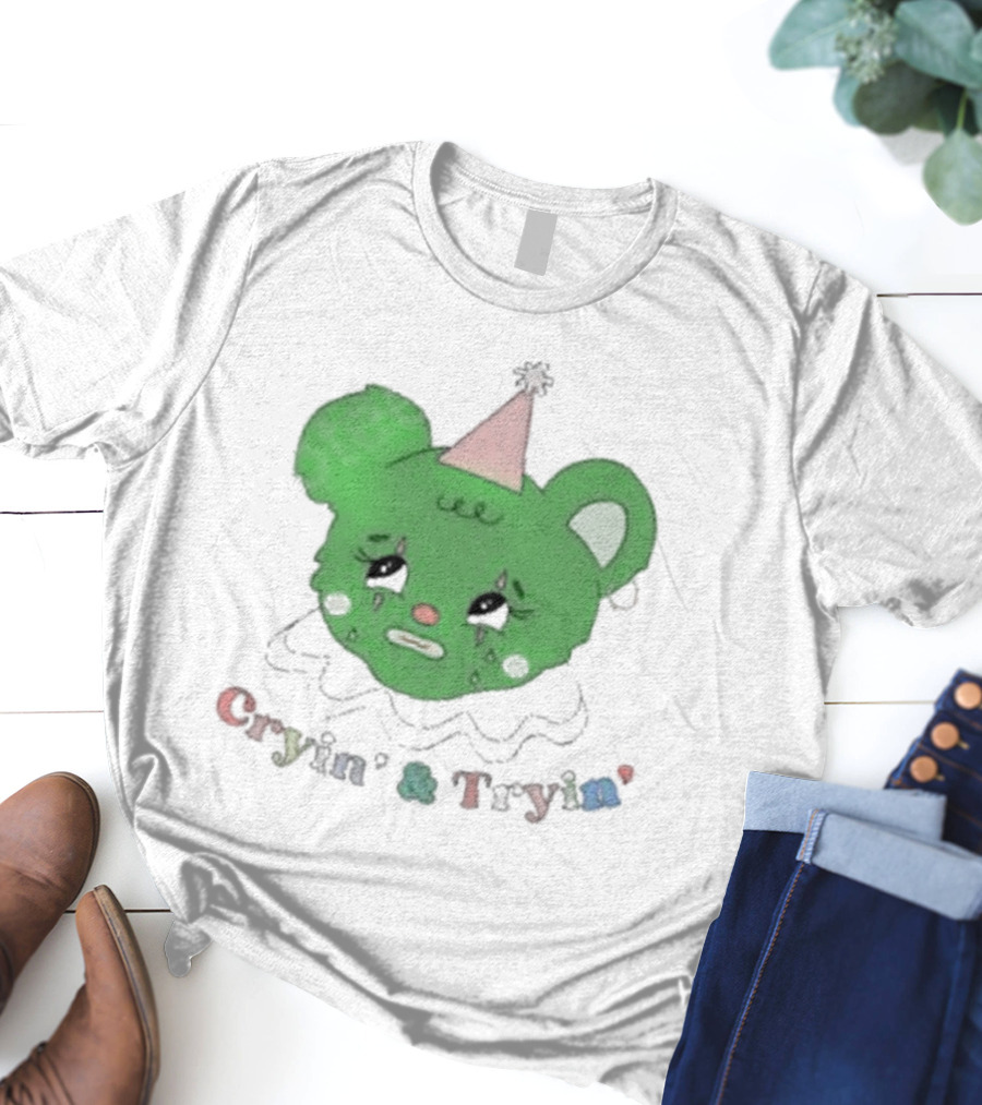 Smilecult Merch Cryin’ And Tryin’ Sad Bear With Party Hat T-Shirt